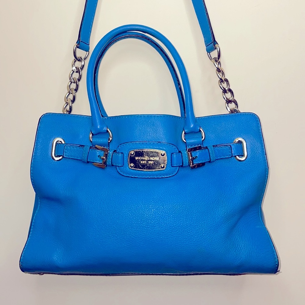 Michael Kors Hamilton Large East West Teal Gold Hardware Leather Purse Tote - Picture 11 of 13